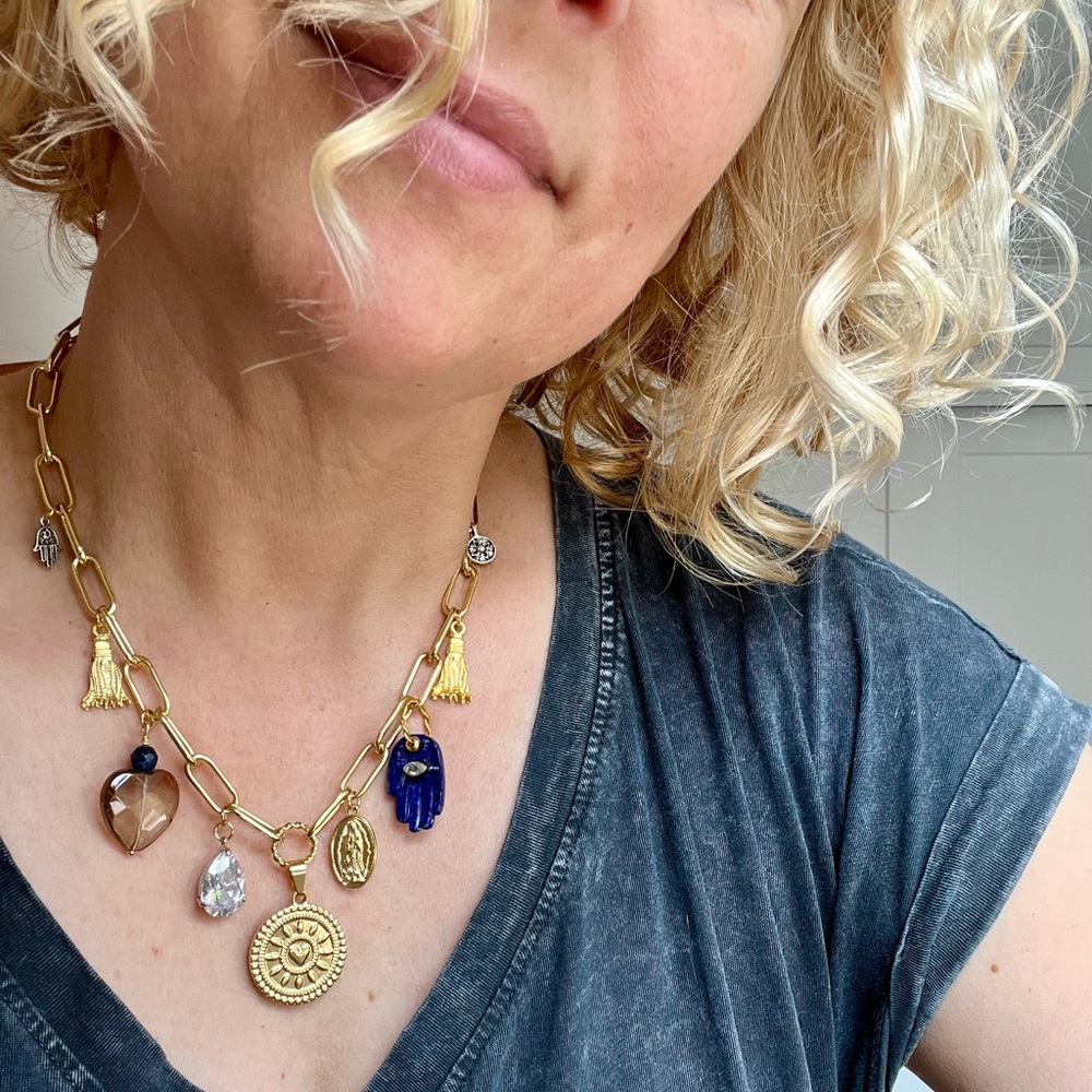 One-of-a-kind Gold Charm Necklace with Sodalite and Smokey Quartz.